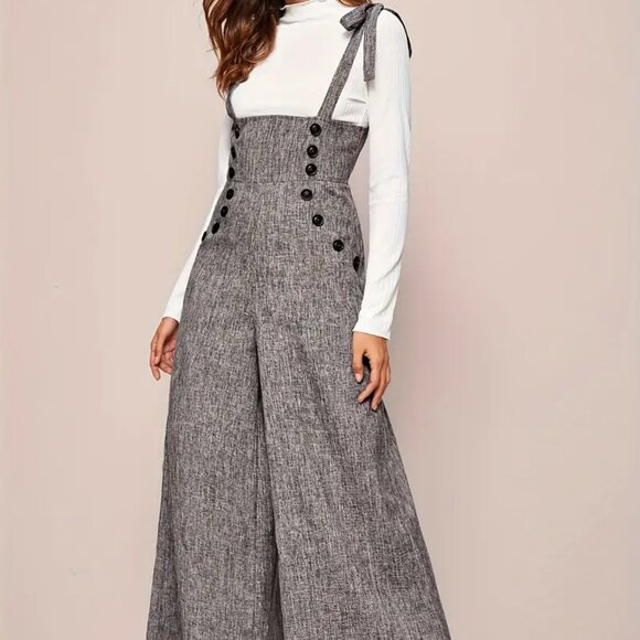 Button Decor Wide Leg Tie Strap Jumpsuit - Picture 4 of 7